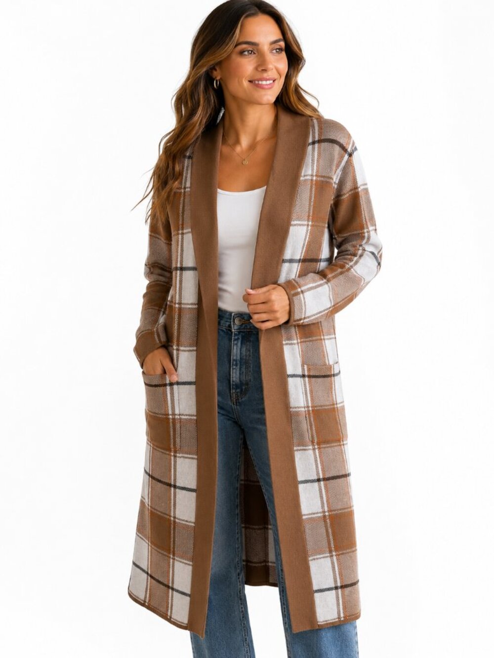 Max Studio Women’s M Brown White Plaid Open Front Long Cardigan Sweater